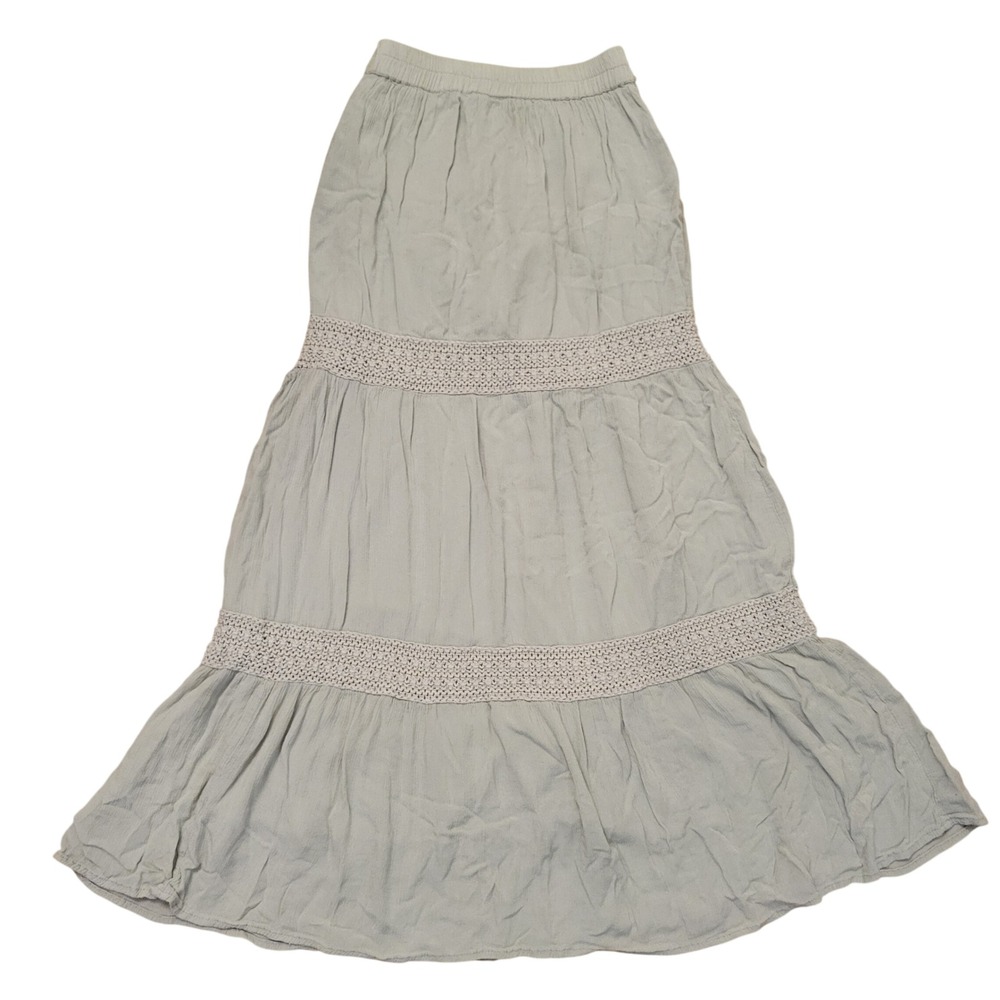 Sim Sam XS Maxi Skirt Gray Crochet Trim Tiered Gauze Boho Breezy Beach Summer
